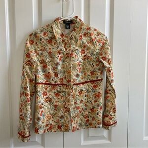 Peck & Peck Retro Floral Blouse with Orange Velvet Accents Long Sleeve Buttons